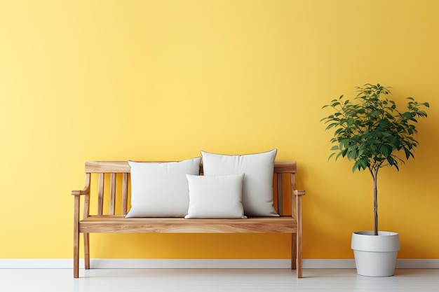 Sofa de madera de banco en fondo amarillo separado con espacio de copia