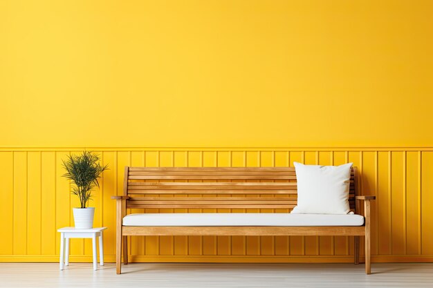 Sofa de madera de banco en fondo amarillo separado con espacio de copia