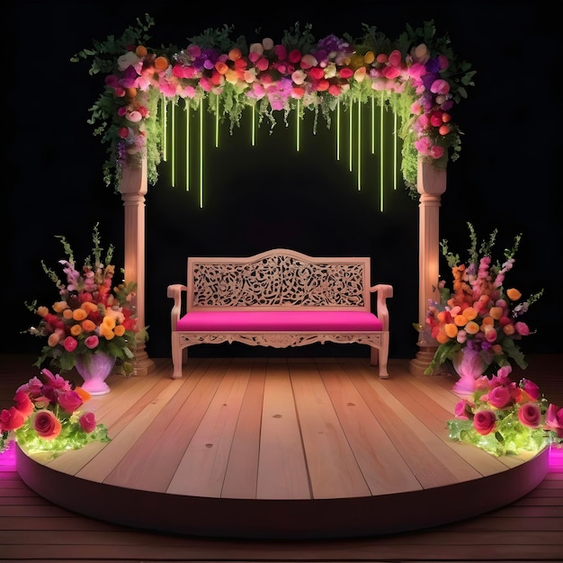 Sofa de madera encantada de la noche brillando con luces de neón y belleza floral escenario de boda de lujo