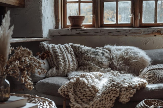 Un sofá con una manta y almohadas frente a una ventana