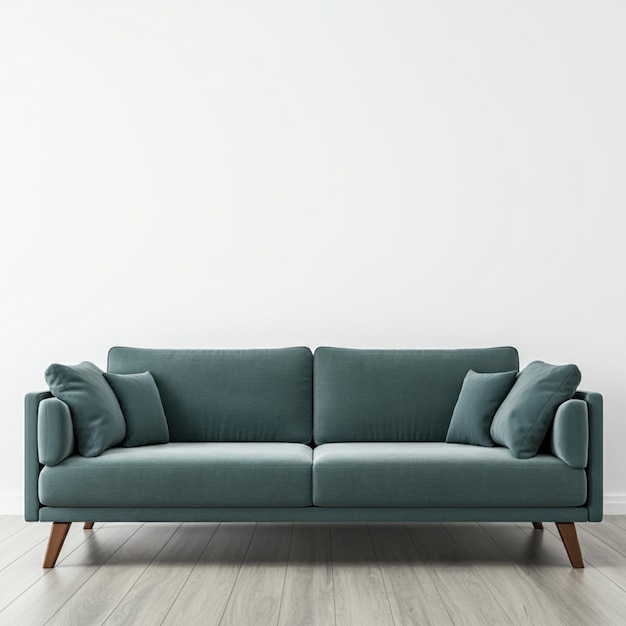un sofá con un marco de madera y un soporte de madera en el suelo