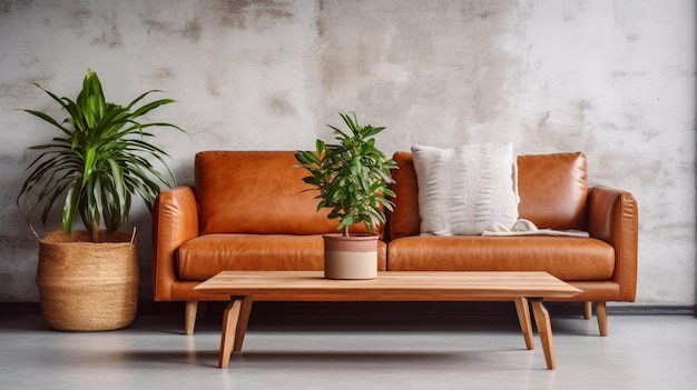 sofá marrom e uma mesa de madeira na sala de estar