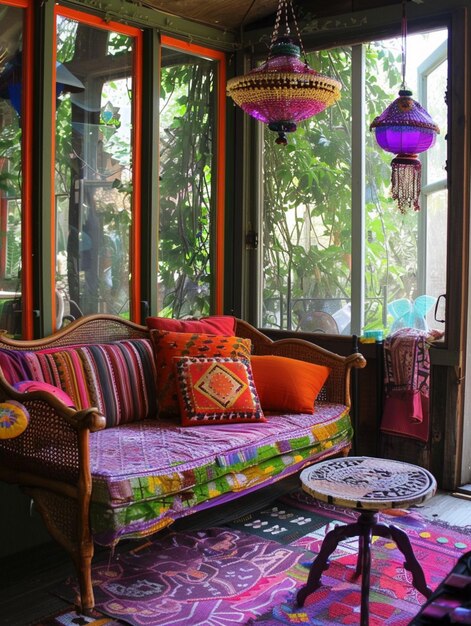 Foto sofá y mesa de colores brillantes en una habitación decorada con colores brillantes