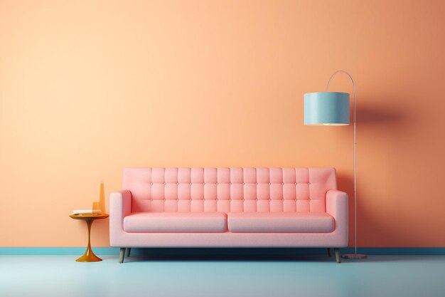 Sofá minimalista de foto em frente a parede pastel clara