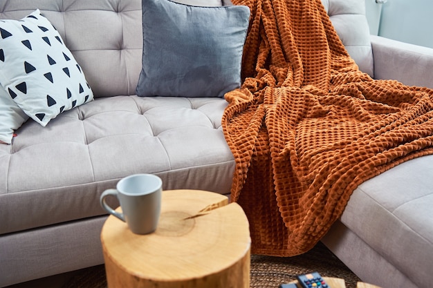 Sofa mit Plaid und Tasse Tee. Platz zum Entspannen