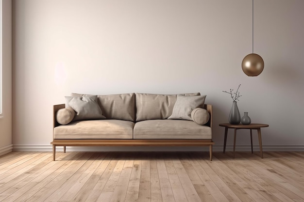 Sofa mit Tisch an weißer Wand und Holzboden