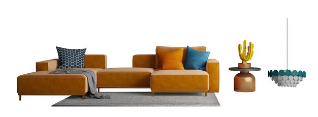 Sofa moderna naranja con mesa y lámpara de techo aislada