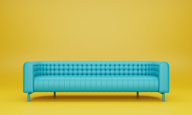 Sofá moderno de color azul menta largo en salón amarillo. Render 3D