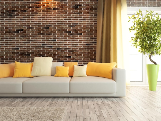 Sofá moderno com renderização de design de interiores de parede de tijolo vermelho