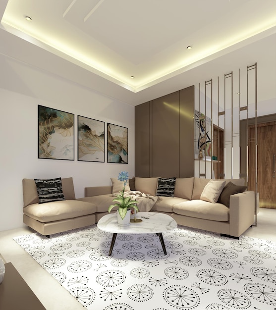 Sofá moderno e divisória de madeira na sala de estar