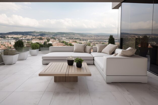 Foto sofá moderno e mesa de centro em um terraço de pedra com vista para a cidade criada com ai generativa