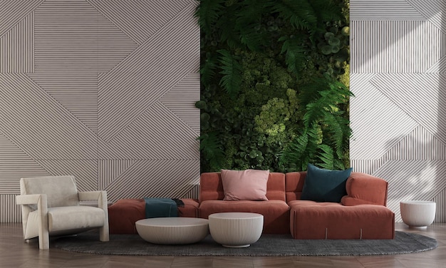 Sofá moderno e parede de padrão branco vazio e planta de jardim vertical e interior da sala de estar