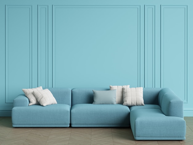 Sofá moderno escandinavo Designlight azul en el interior. Paredes azules con molduras, piso de parquet en espiga. Copia espacio, render 3d