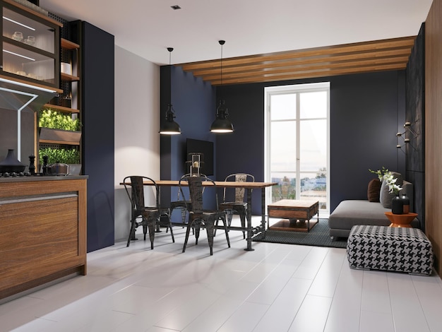 Sofá moderno y mesa de comedor con sillas de hierro en el interior del loft de un apartamento tipo estudio