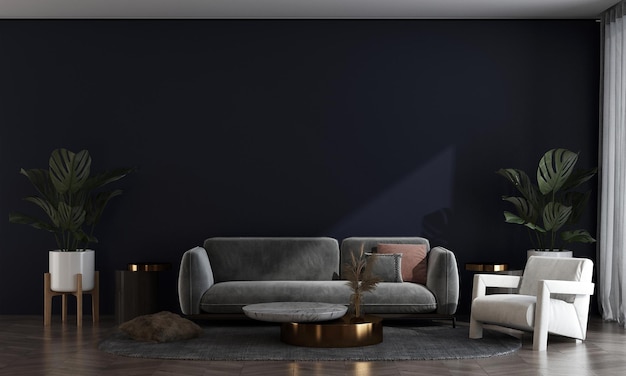 Sofá moderno y pared negra en el interior de la sala de estar diseño moderno maqueta de muebles decorativos