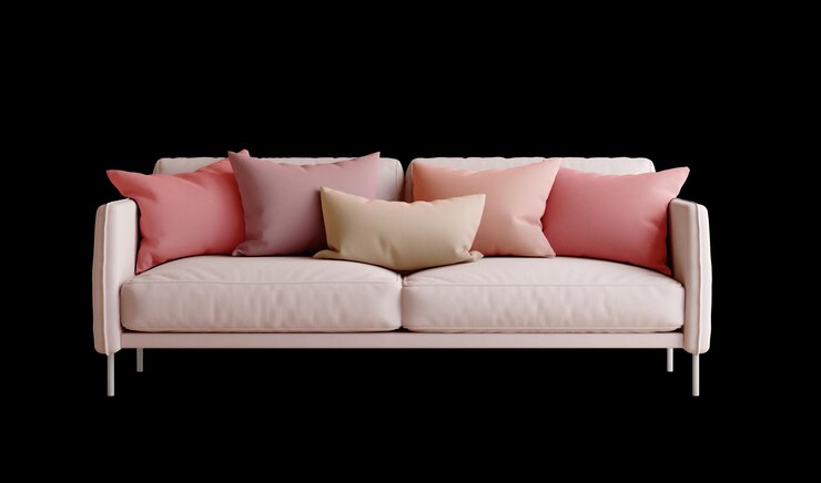 Sofá moderno rosado y almohadas rojas aisladas renderización 3D