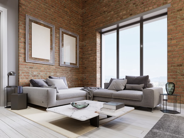 Sofá moderno con ventanas panorámicas en salón tipo loft. Representación 3d