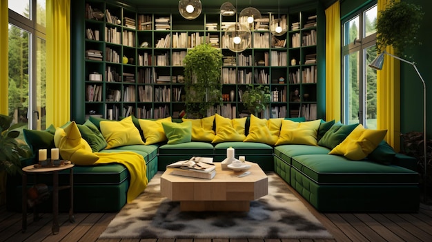 Sofa modular verde vibrante em interior de estilo eclético