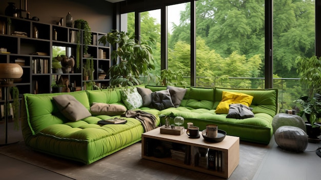 Sofa modular verde vibrante em interior de estilo eclético