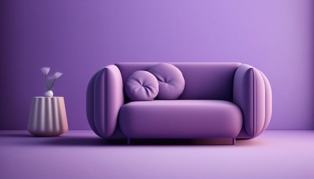 Un sofá morado en una habitación morada con una mesa pequeña y una mesa pequeña.