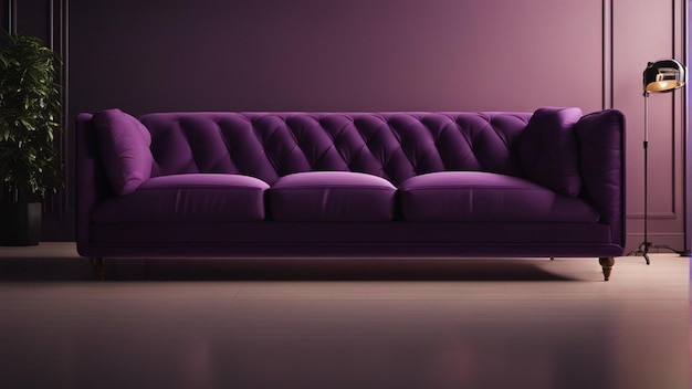 Un sofá morado hiperrealista con fondo de pared negro 8k