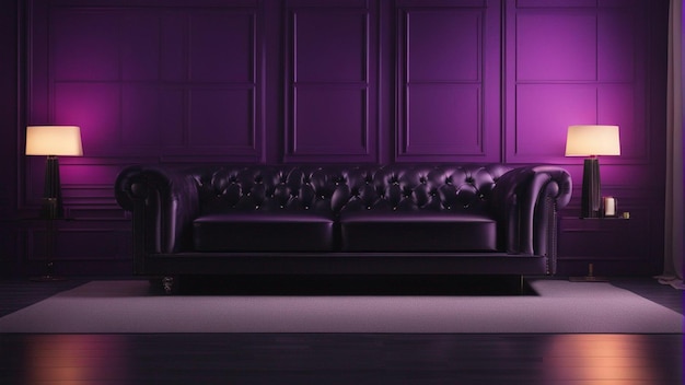 Un sofá morado hiperrealista con fondo de pared negro 8k
