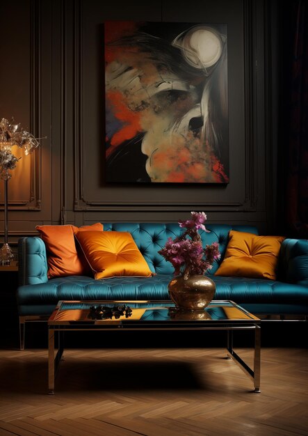 Sofa na sala de estar com sensação de luxo contra a parede de pintura de painéis