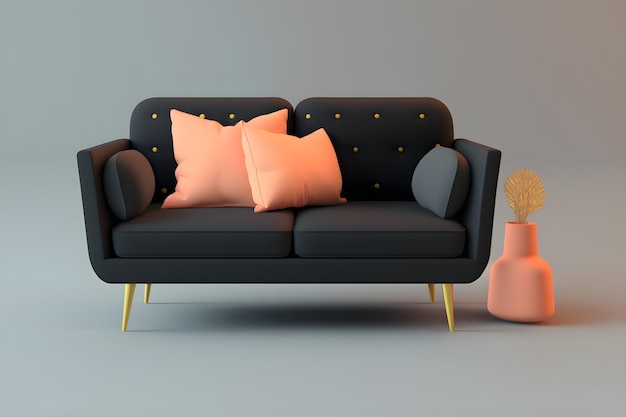 Un sofá negro con almohadas rosas y un jarrón de oro en el suelo.