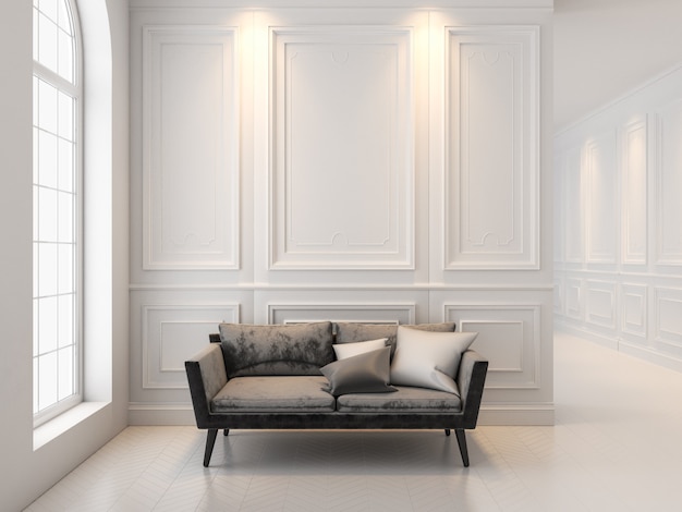 Sofá negro en interior blanco clásico. 3D render interior maqueta.