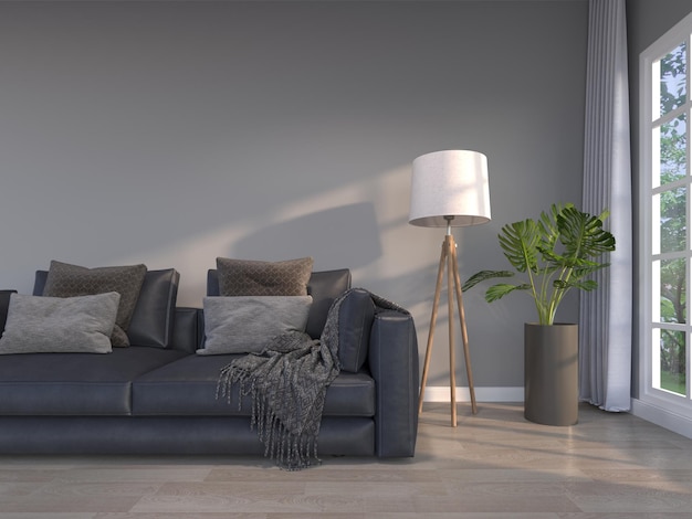 Sofá negro en renderizado room3d gris