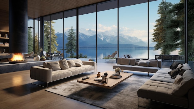 Sofa no chão de madeira de uma grande sala de estar em uma casa moderna ou em um hotel de luxo Interior de casa mínima 3d