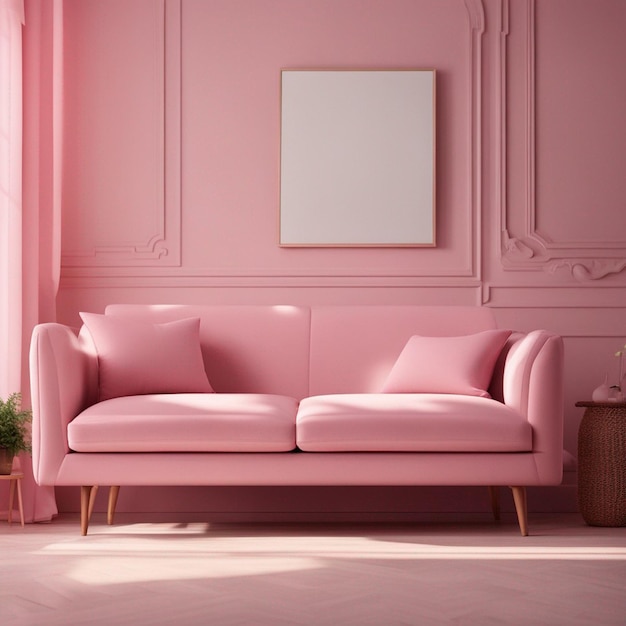 Sofá no interior da sala rosa com espaço de cópia com sombras ensolaradas
