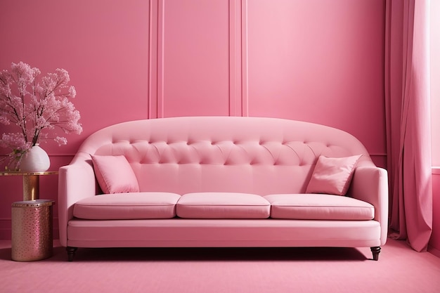 Sofa num quarto rosa.