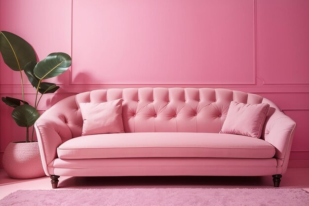 Sofa num quarto rosa.