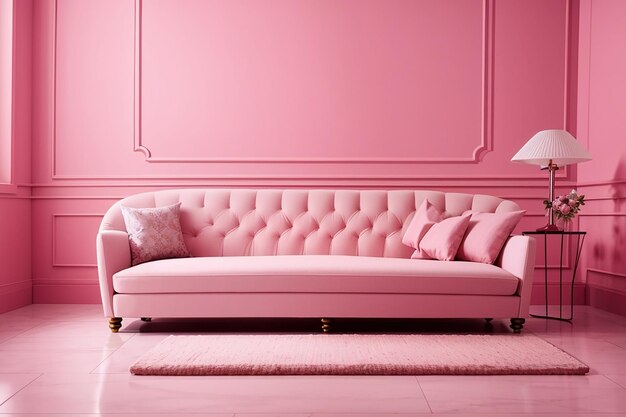 Sofa num quarto rosa.