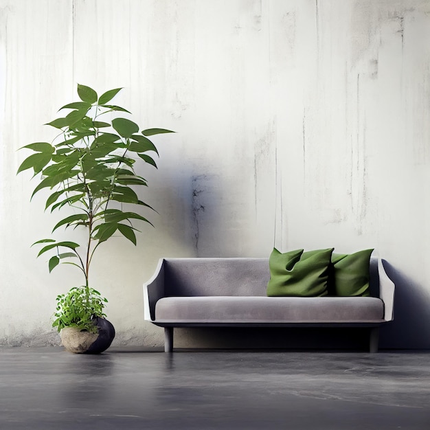 Sofá o sofá elegante minimalista con planta y fondo de pared de hormigón vacío