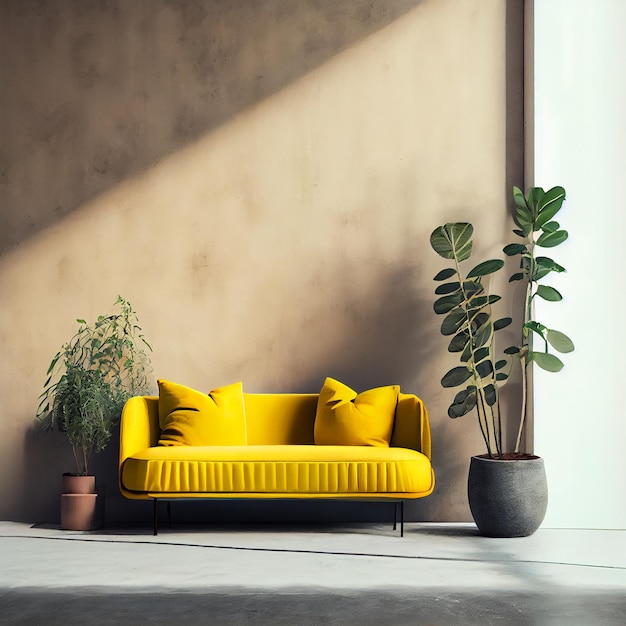 Sofá o sofá elegante minimalista con planta y fondo de pared de hormigón vacío