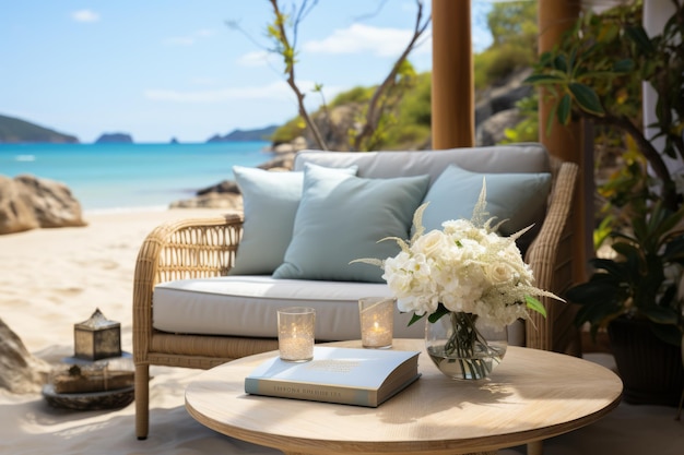 Sofa en la playa de arena con palmaConcepto para vacaciones y relajación3d renderización