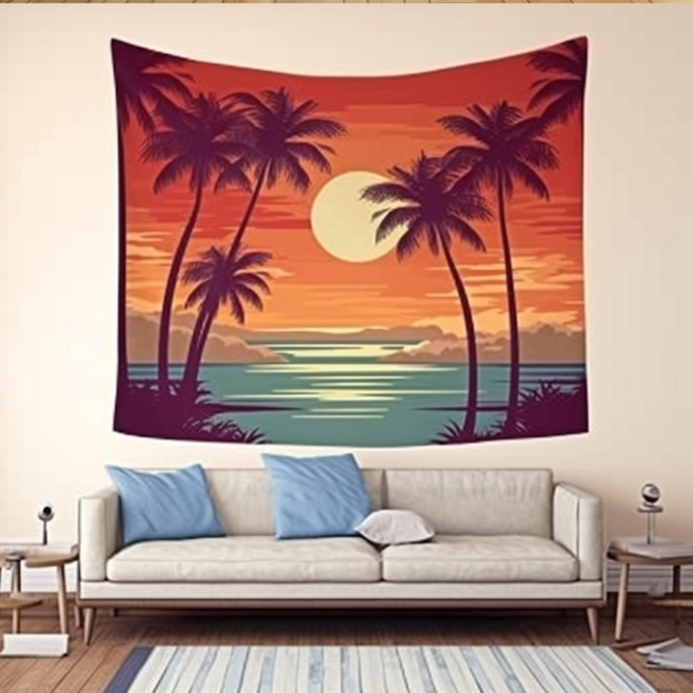 Sofá en la playa con palmeras renderizado 3d