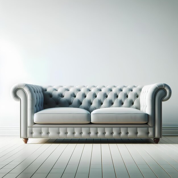 Sofa Pristine Chesterfield Möbel modern Innenraum weich elegant leer Modisch bequem Sofa mit Kissen Wohnung Wohnzimmer mit weißem Wandhintergrund