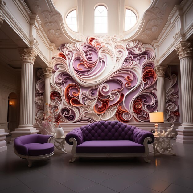 sofá púrpura y dos sillas en una habitación con una pared grande mural generativo ai