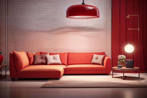Sofá quadrado vermelho realista com espaço para cópia da parede interior da lâmpada