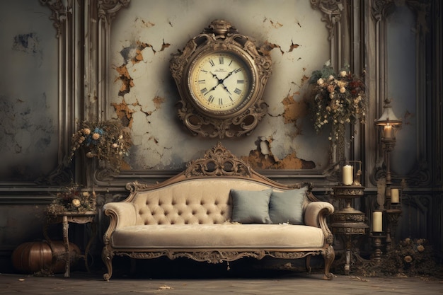 Sofá retro vintage en la antigua sala de estar y gran reloj en la pared Concepto de nostalgia