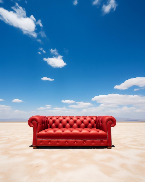 Sofa roja en el desierto con cielo azul