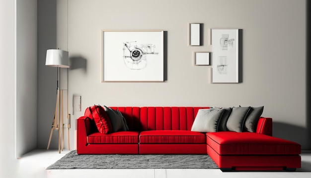 Sofá rojo con almohadas y marcos