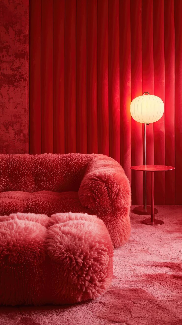 un sofá rojo con una lámpara y una lámpara en él