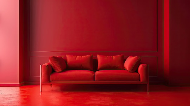 Un sofá rojo minimalista en una habitación roja