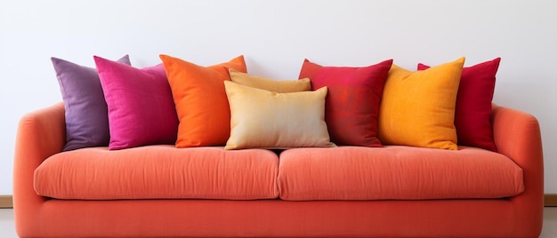 un sofá rojo con muchas almohadas de colores en él