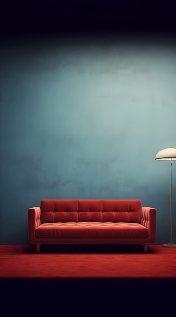Un sofá rojo se sienta frente a una pared azul con una lámpara.