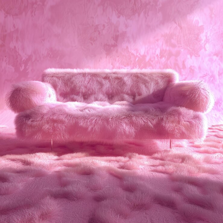 un sofá rosa con una alfombra de piel rosa y un fondo rosa